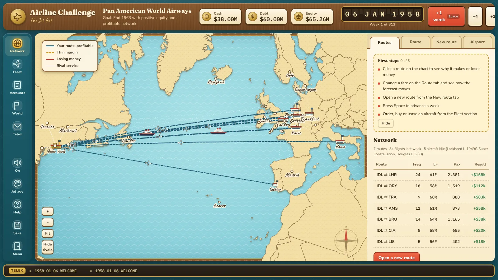 Airline Challenge route map of the North Atlantic with a printed timetable look, showing a route list and the date on a split flap board